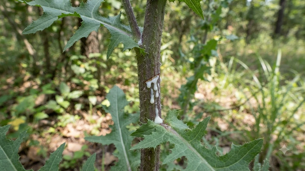 Close-up view of wild lettuce with milky latex on a cut stem