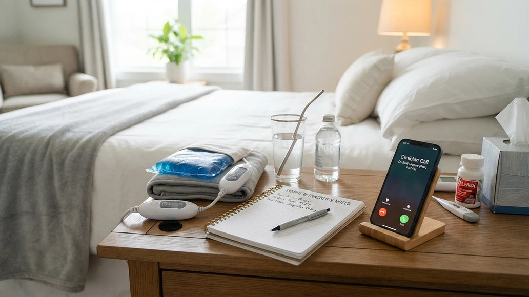 Safer home care options for mild pain such as ice, heat, hydration, and symptom tracking