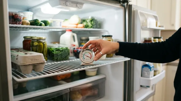 Closed refrigerator during a power outage with a flashlight in a dark kitchen