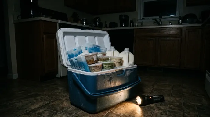 Freezer contents showing ice crystals on frozen food packages during an outage