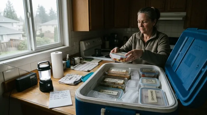 Cooler packed with block ice and labeled food containers during a power outage