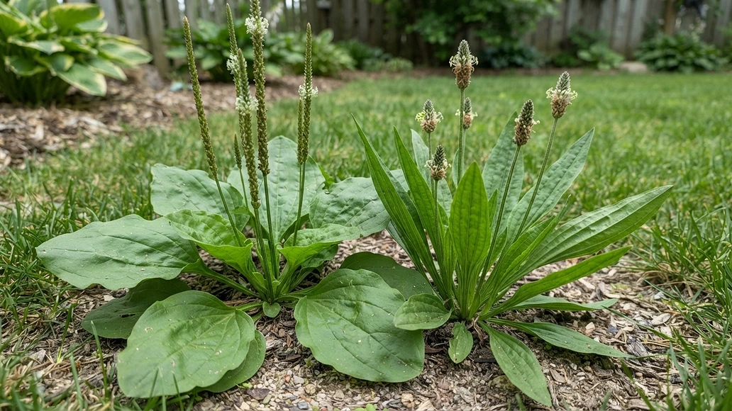 Broadleaf and narrowleaf plantain growing side by side with visible veins and flower stalks