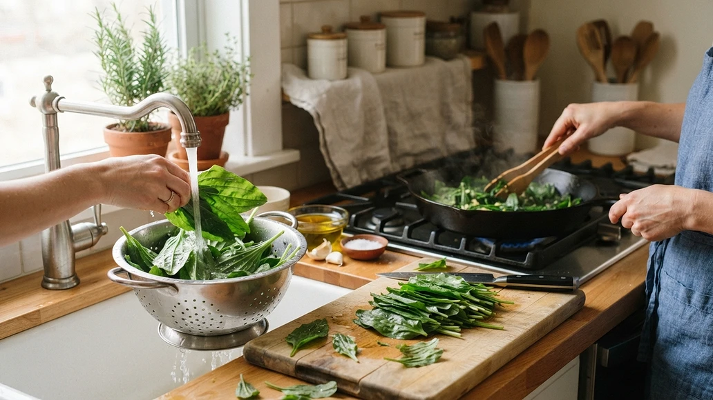 Common plantain leaves being washed and prepared in a kitchen