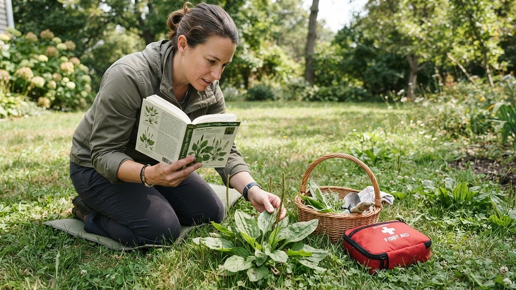 Person identifying common plantain with a field guide in a clean yard