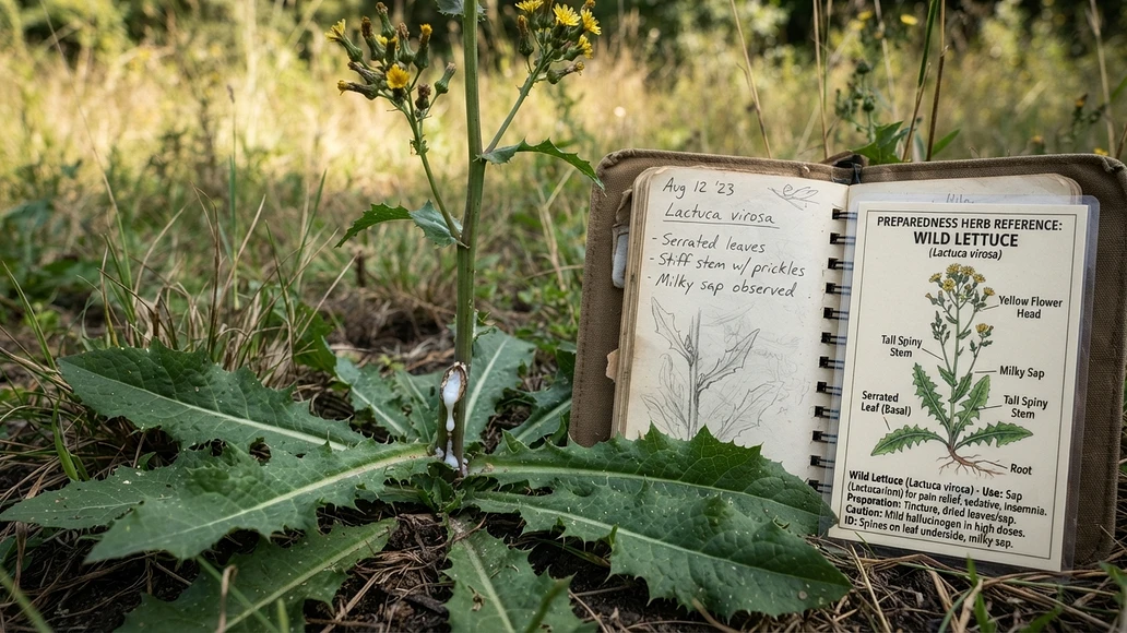 Wild lettuce plant with identifying features beside a field notebook