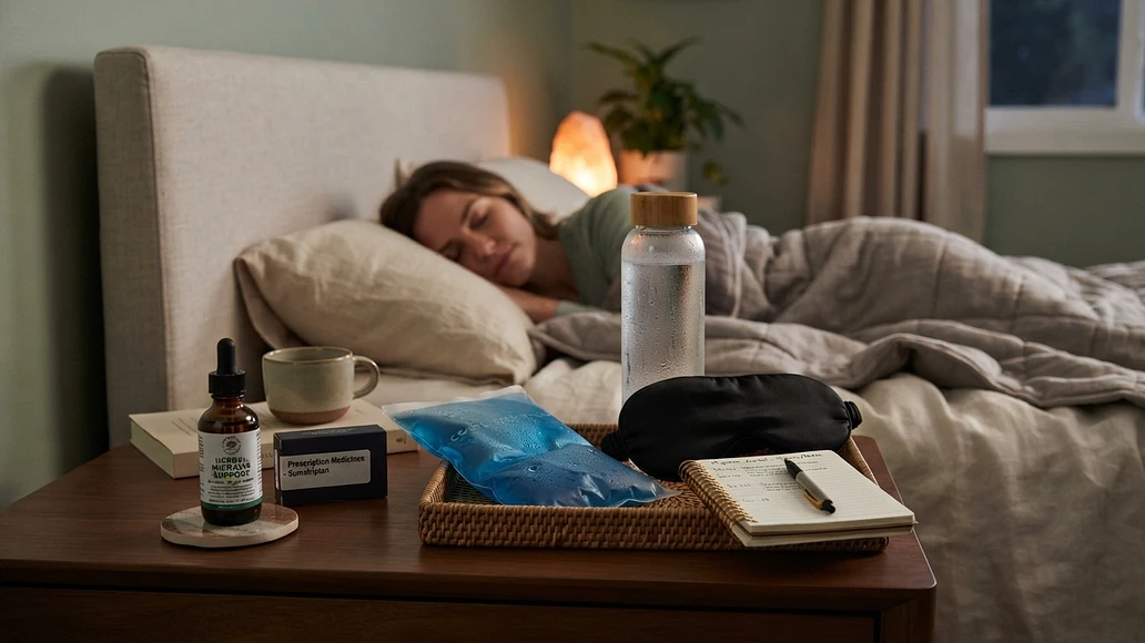Home migraine relief setup with hydration, cold pack, and labeled herbal bottle