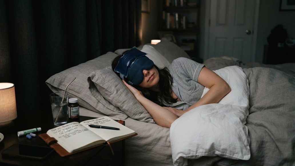 Person managing a migraine at home with a cold compress, eye mask, and water